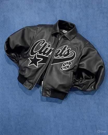 Men Retro Leather Bomber Jacket with Embroidered Star Black Zip Coat Street Style Autumn Winter Casual Outerwear Bold Urban Look