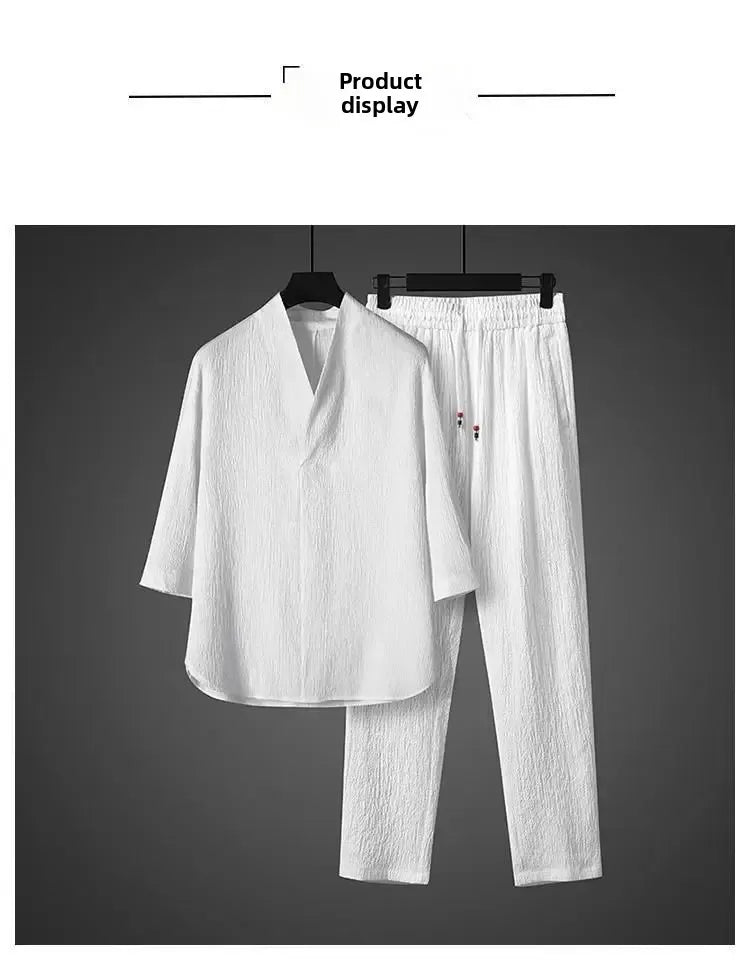 Ice Silk Loose Fit Short Sleeve Men's T-Shirt Set Chinese Style Summer Lightweight Big Size Tang Suit Two Piece Set - Ellianto fashion Men's