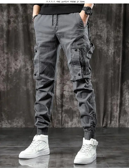 Trendy Men's Spring Autumn Cargo Pants Slim Fit Casual Style Loose Fit American Style Multiple Pocket Small Foot Pants Black - Ellianto fashion Men's