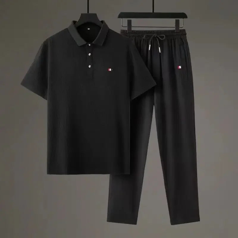 Summer Men's Casual Thin Collar Two-Piece Suit Full Set Fashionable Lightweight Breathable Comfortable Male Clothing Ensemble - Ellianto fashion Men's