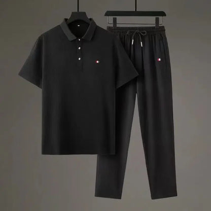 Summer Men's Casual Thin Collar Two-Piece Suit Full Set Fashionable Lightweight Breathable Comfortable Male Clothing Ensemble - Ellianto fashion Men's