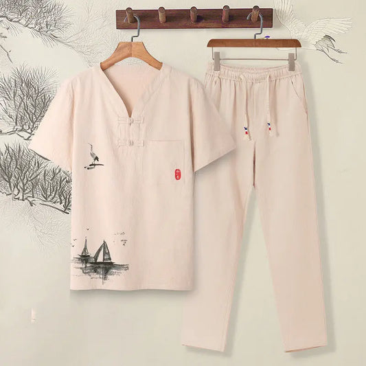 Summer Men Short-sleeved T-shirt Casual Cotton and Linen Solid Color Versatile Loose Trousers - Ellianto fashion Men's