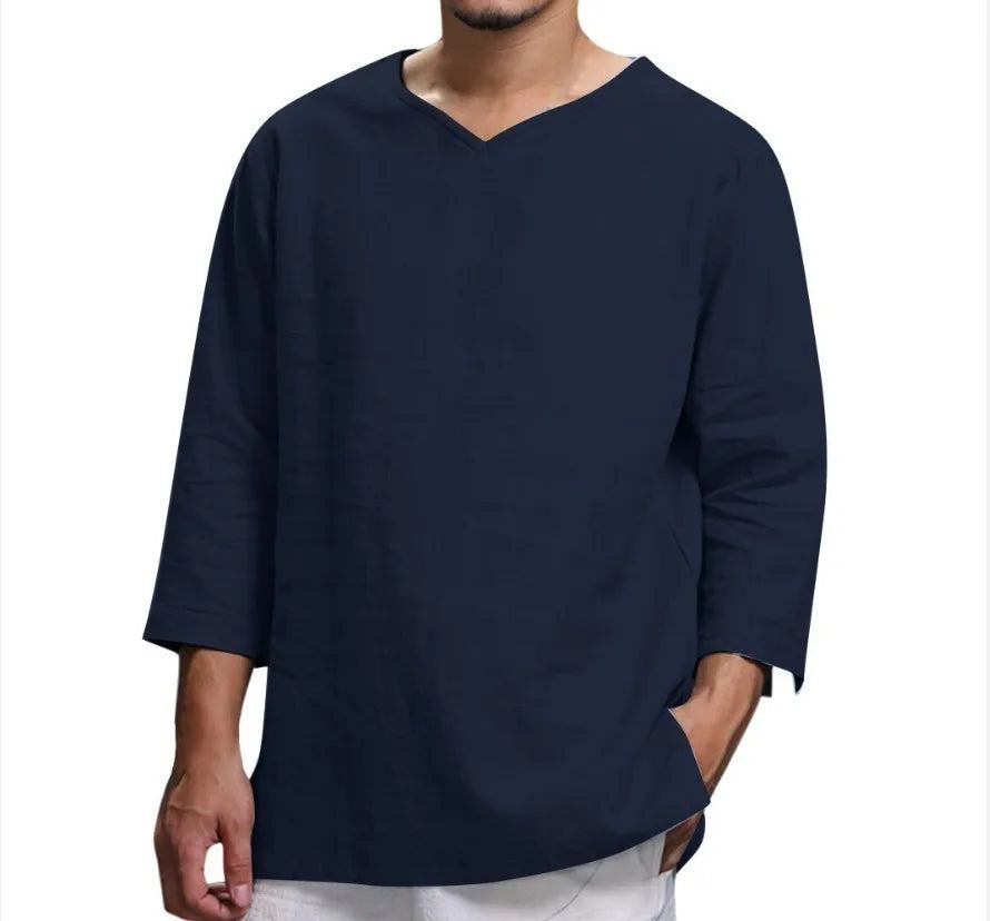 Men's New 3/4 Sleeve Loose Solid Casual Large Pullover Shirt - Ellianto fashion Men's