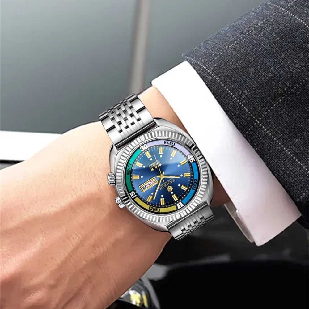 2025 Retro Fake Mechanical Men's Quartz Watch Fashion Sport Butterfly Buckle Steel Belt Week Calendar Large Dial Watches For Man - Ellianto fashion Men's