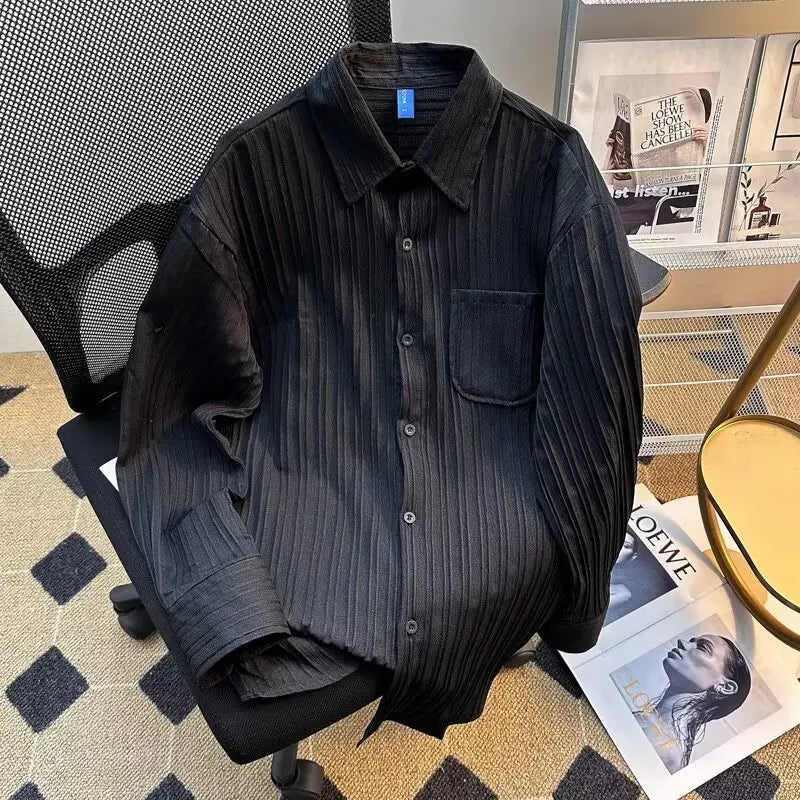Loose-Fit Striped Ice Silk Long-Sleeve Shirt – Lightweight Summer Comfort with Effortless Style and Sun Protection for the Modern Gentleman
