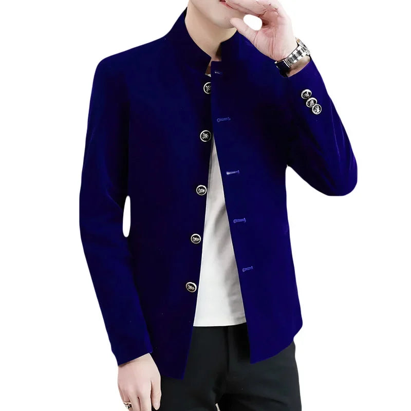 HOO 2025 New Men's Autumn Stand Collar blazer Youth Velveteen Multi-Button blazers - Ellianto fashion Men's
