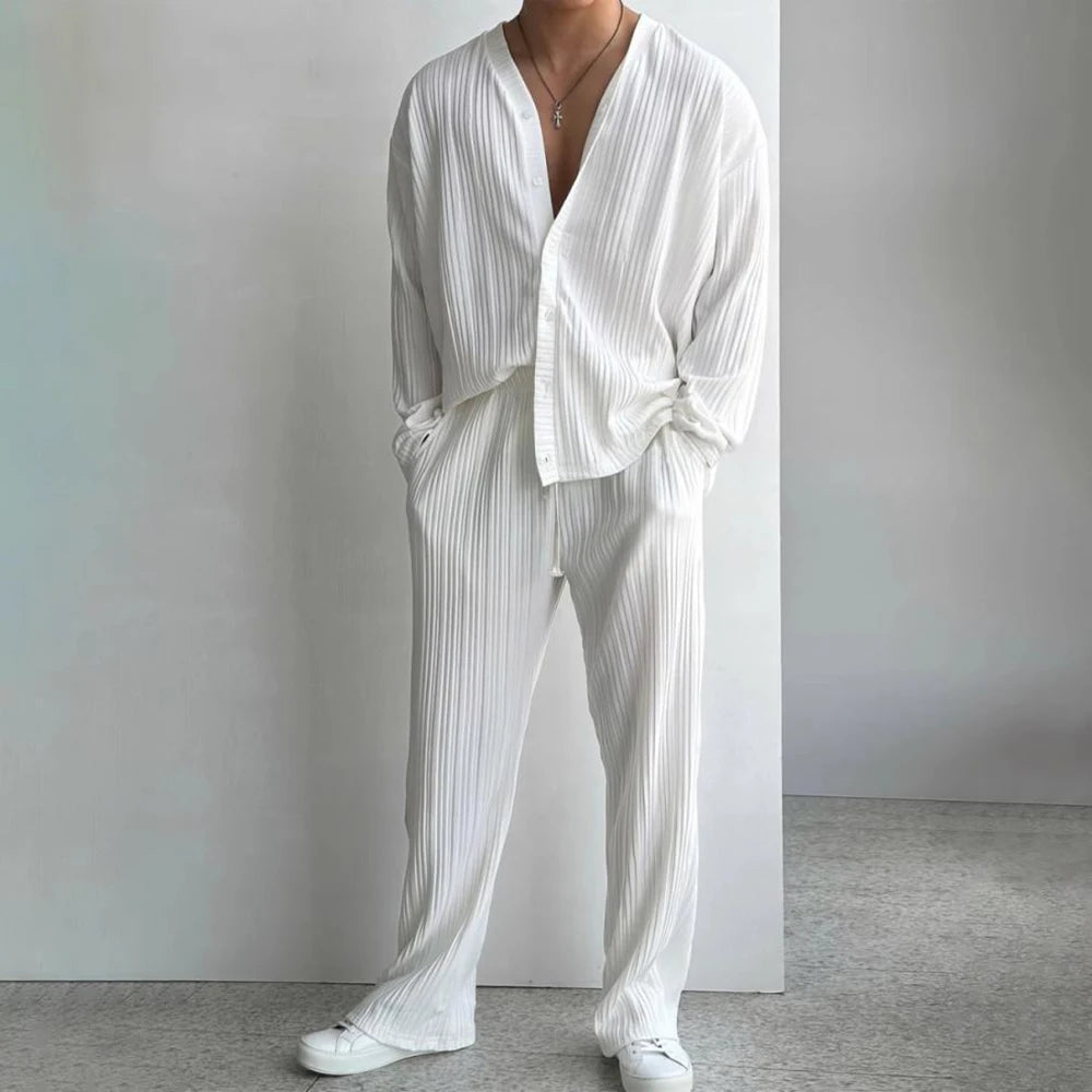 Mens Striped Sexy Solid Color V-Neck Knitted Long Sleeves Sweater Pants Autumn Casual Fashion Two-Piece Set Men’s Clothing 2024 - Ellianto fashion Men's