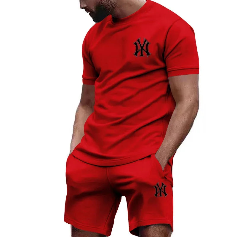 Men's two-piece sportswear, short sleeved T-shirt and pants set, running and fitness sportswear, summer, 2024 - Ellianto fashion Men's