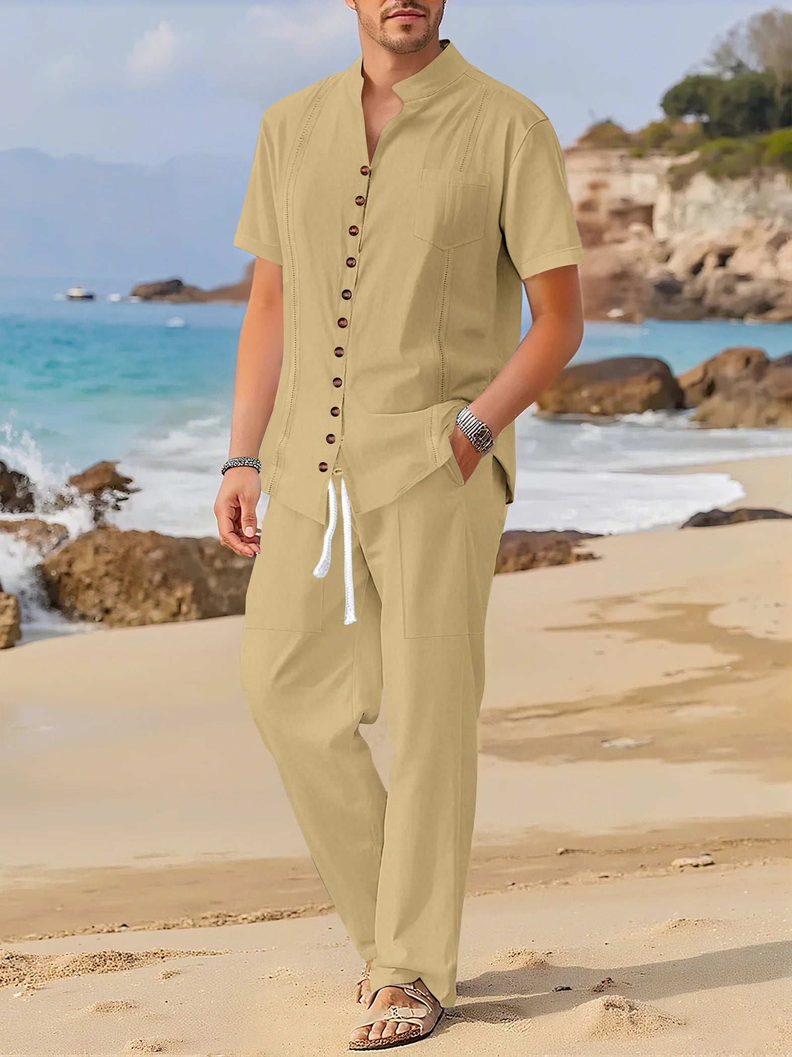 Men's Fashionable Cotton Linen Shirt Set with Cuban Pocket Long Sleeve Casual Two-Piece Suit Spring Autumn 100% Natural Fiber - Ellianto fashion Men's