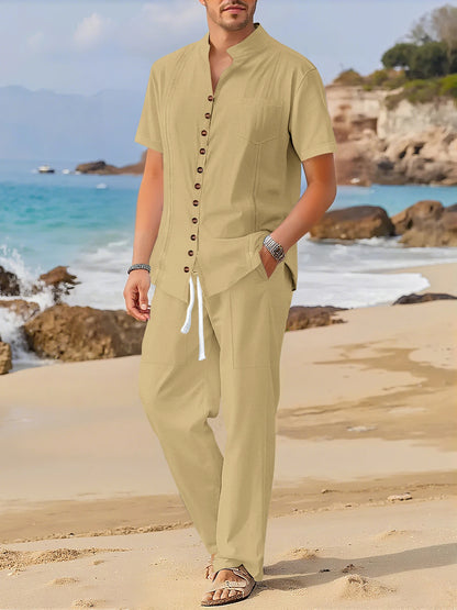 Men's Fashionable Cotton Linen Shirt Set with Cuban Pocket Long Sleeve Casual Two-Piece Suit Spring Autumn 100% Natural Fiber - Ellianto fashion Men's