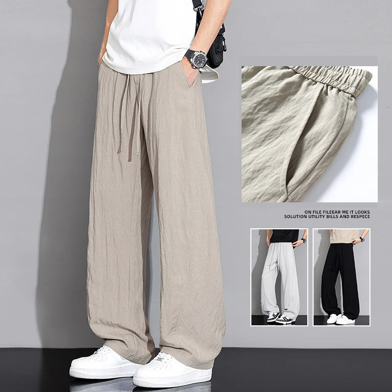Men’s Thin Ice Silk Linen Casual Pants – Lightweight Wide-Leg Trousers with Drawstring, Straight Baggy Fit, and Elastic Waist for Effortless Comfort