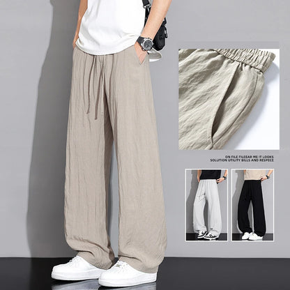 Men’s Thin Ice Silk Linen Casual Pants – Lightweight Wide-Leg Trousers with Drawstring, Straight Baggy Fit, and Elastic Waist for Effortless Comfort