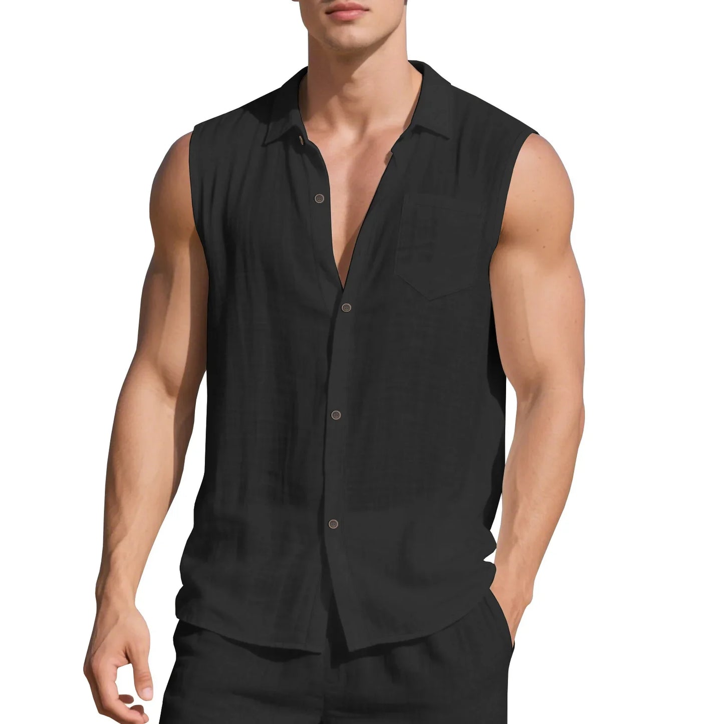 Men’s Summer Linen Sleeveless Open Shirt – Lightweight, Breathable Comfort with Relaxed, Sophisticated Style for the Modern Gentleman