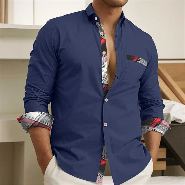 Men's Button Up Shirt, Black and White Solid Color, Long Sleeved Striped Cuffs, Lapel Collar, Daily Vacation Pocket, Fashionable - Ellianto fashion Men's