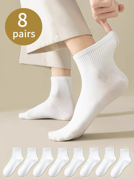 8pairs Men White Solid Color Socks, Korean Style Mid-Tube Fashionable Unisex Summer Sports Long Socks, Couple Socks For Autumn A - Ellianto fashion Men's