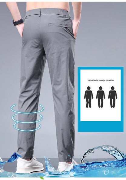 Summer New Business Ice Silk Pants Straight Elastic Waist Black Gray Trousers Breathable Simple Male Clothing Casual Suit Pants - Ellianto fashion Men's