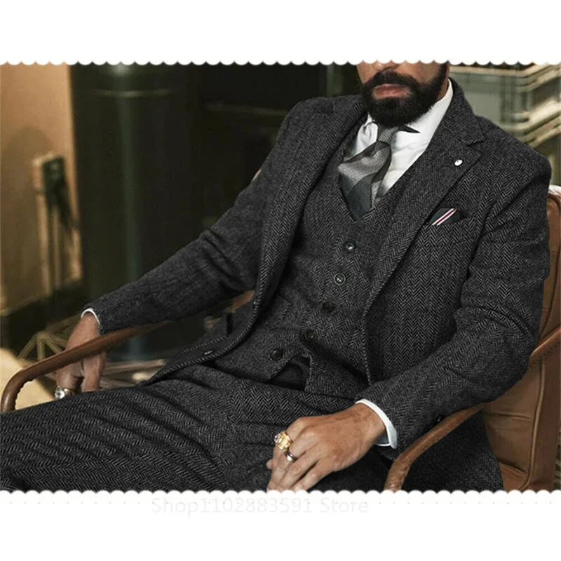 3 Pieces (Jacket +Vest +Pants) Gray Wool Tweed Winter Men Suit's For Wedding Herringbone Male Formal Groom Tuxedo Fashion - Ellianto fashion Men's