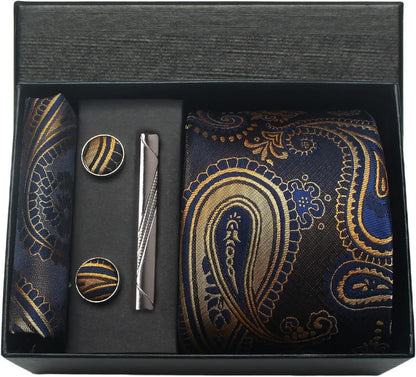 100% Silk Necktie Paisley Floral Mens Tie Top Quality Business Tie Pocket Square Tie Clip Cufflinks Set Classic For Men Gift Box - Ellianto fashion Men's