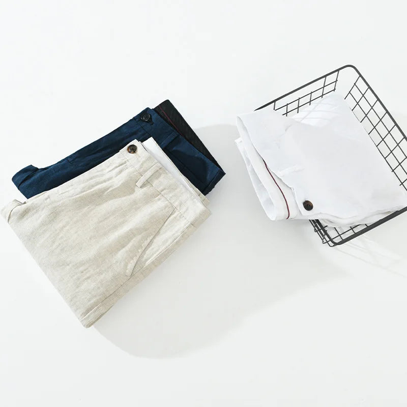 2025 Summer New Casual Pure Linen Slim Pants for Men Clothing Solid Color Slim-fit Straight Trousers EC8175 - Ellianto fashion Men's