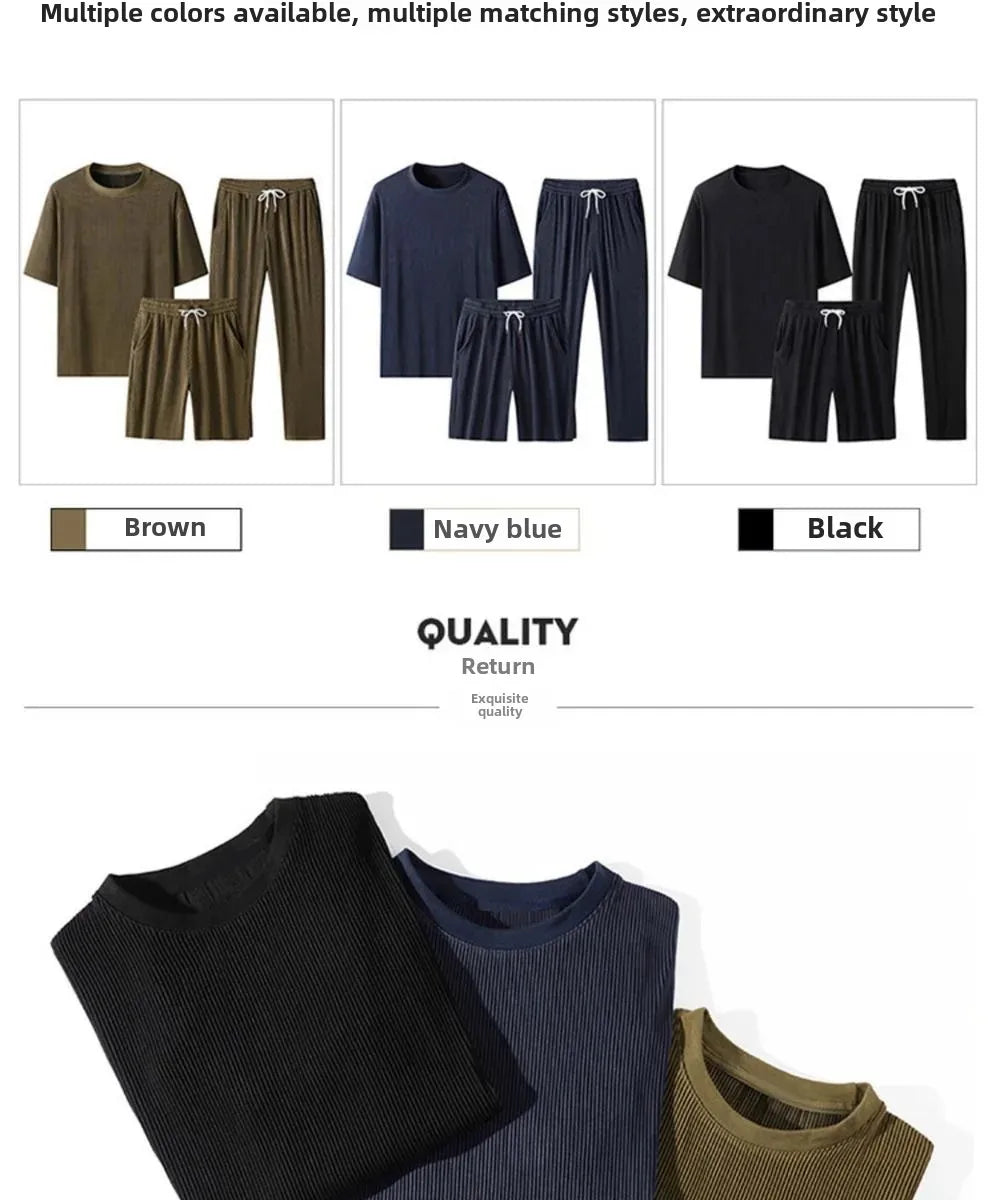Casualsuit Ice Silk Sports Men's Summer Thin Short Sleeves T-shirt Quick Dry Long Pants Matching Half Sleeve Clothes Set - Ellianto fashion Men's