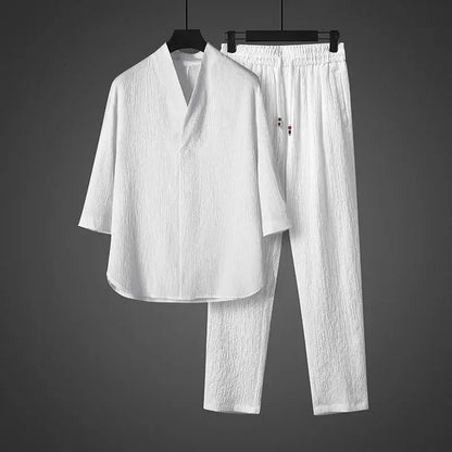 Ice Silk Loose Fit Short Sleeve Men's T-Shirt Set Chinese Style Summer Lightweight Big Size Tang Suit Two Piece Set - Ellianto fashion Men's
