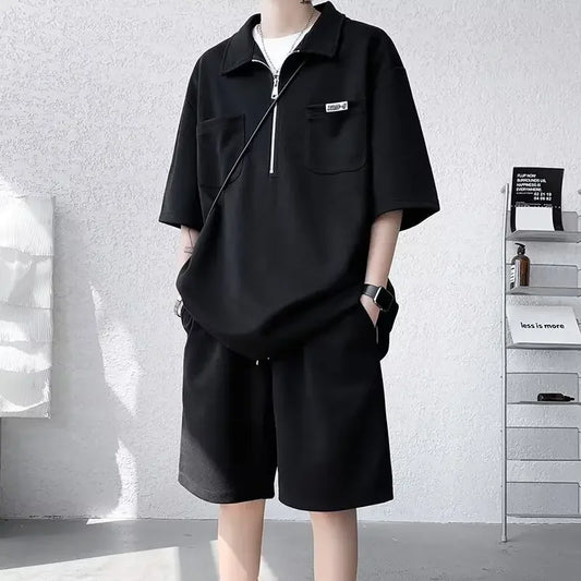 Ice Silk Short Sleeve Polo Shirt Men Summer Trendy Shorts Casual Sports Set Seven Half Zipper Comfortable Thin Male Clothing - Ellianto fashion Men's