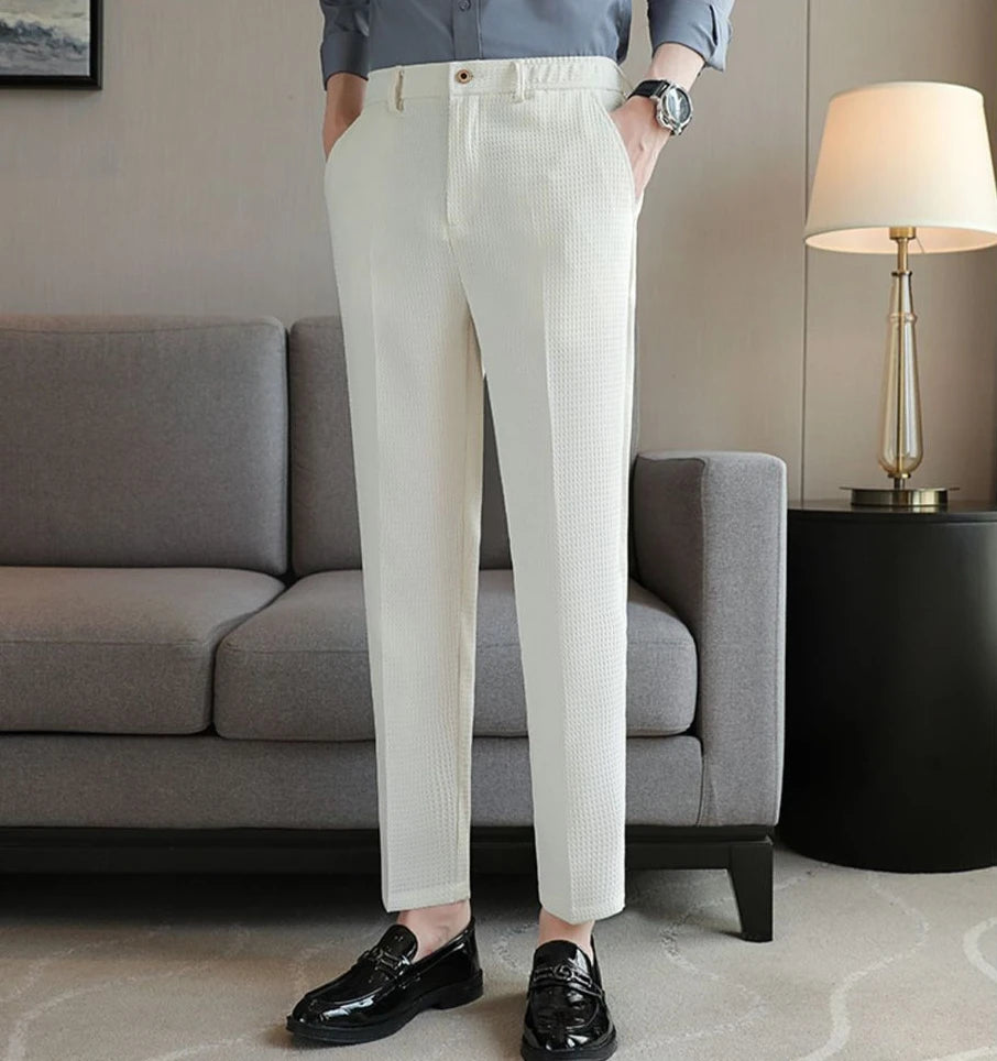 Trousers For Men Social Tailoring Slim Fit Khaki Business Waffle Tressed Work Wear Man Suits Pants Luxury Luxury Spring Clothes - Ellianto fashion Men's