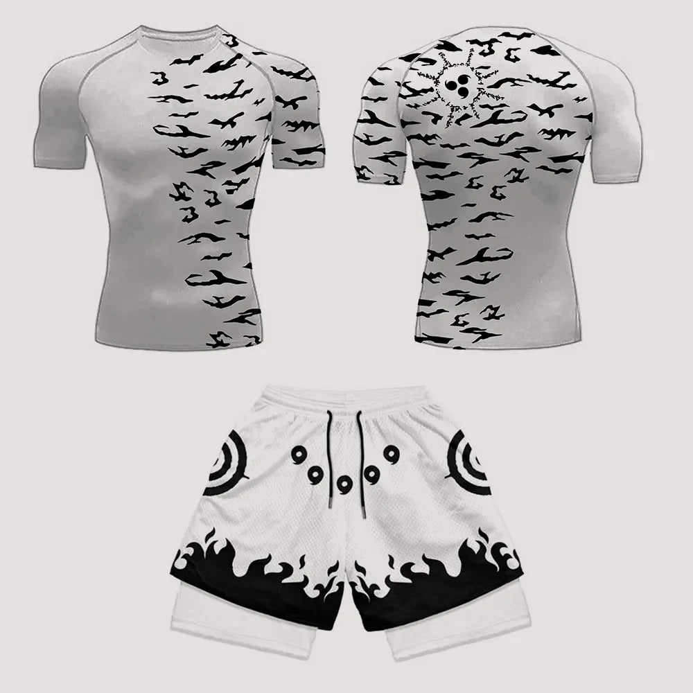 Men’s Anime Print Tracksuit – 2-Piece Breathable Sports Set with T-Shirt, Shorts & Joggers