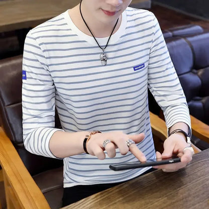 T Shirts for Men Stripe Tops Red Cotton Male Clothes Round Neck Harajuku Fashion Sale High Brand Regular Fit It Full Sleeve Tee - Ellianto fashion Men's