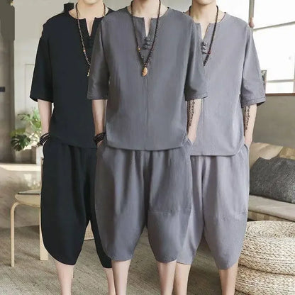 New Summer Linen Set Men's Chinese Style T-shirt Short Sleeve Two-piece Loose Seven Pants Set Male Comfortable Breathable - Ellianto fashion Men's