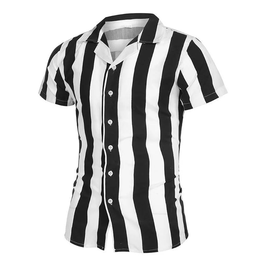 Men's striped casual shirt, summer beach casual loose-fitting short-sleeved shirt, summer daily commuting style travel shirt - Ellianto fashion Men's