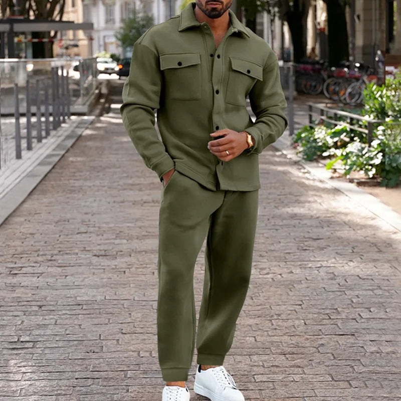 Men's casual overalls jacket and pants suit for fall/winter outdoor vacation American style men's fashion suede 2 piece set - Ellianto fashion Men's