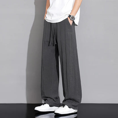 Men’s Thin Ice Silk Linen Casual Pants – Lightweight Wide-Leg Trousers with Drawstring, Straight Baggy Fit, and Elastic Waist for Effortless Comfort