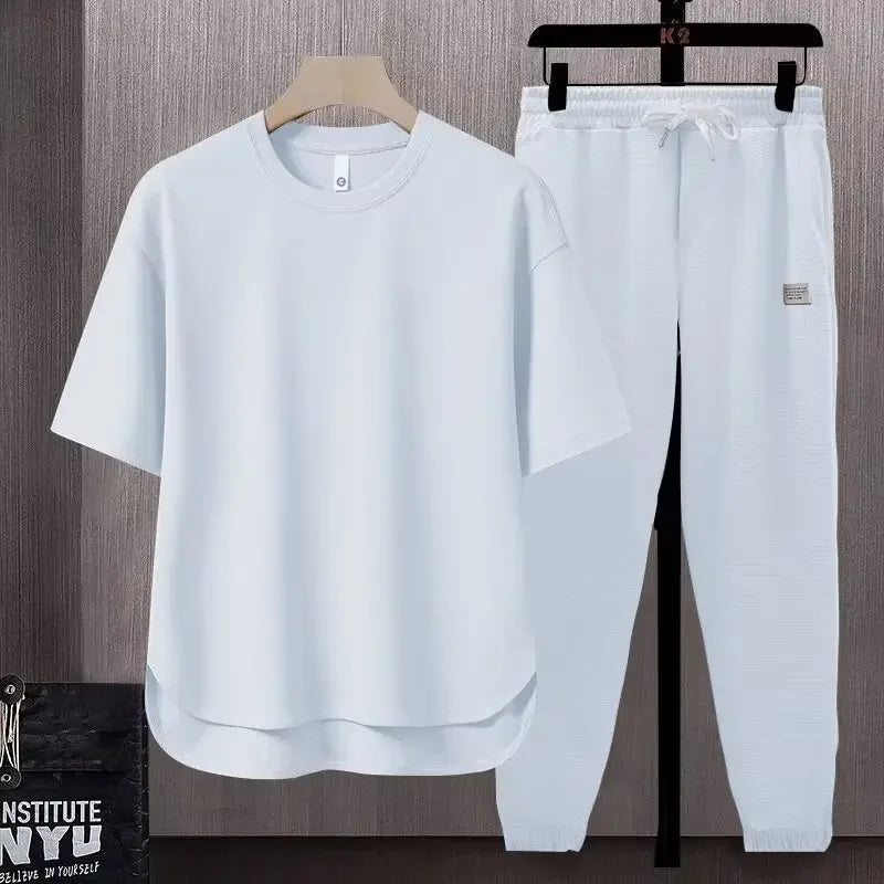 Pure Color Men's T-Shirt Set Short Sleeve Summer Trendy Two-Piece Suit Casual Comfortable Breathable Male Model Clothing - Ellianto fashion Men's