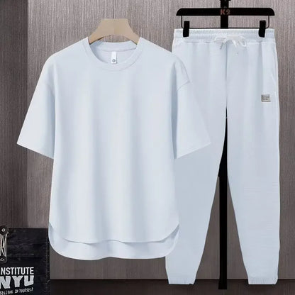 Pure Color Men's T-Shirt Set Short Sleeve Summer Trendy Two-Piece Suit Casual Comfortable Breathable Male Model Clothing - Ellianto fashion Men's