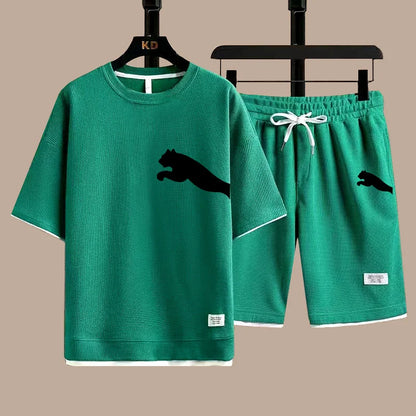 Set 2025 new casual sportswear for men summer two-piece clothing short-sleeved round neck and shorts two fashionable clothes - Ellianto fashion Men's