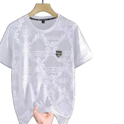 Summer Casual High Density Embroidery Ice Silk Short Sleeve T-Shirt Men's Thin Stylish Lightweight Breathable round Neck Top