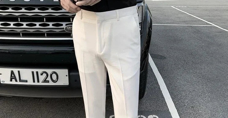 2025 Tressed Male Suit Trousers White Slim Fit Men's Summer Pants Straight 2024 Luxury Formal Work Wear New In Fabric Elegant Luxury - Ellianto fashion Men's