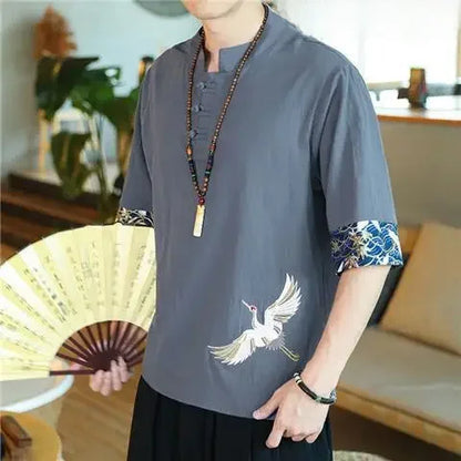 Men’s Chinese-Style Summer Cotton-Linen Short-Sleeve Shirt – Lightweight Comfort with Elegant Embroidered Crane Design for the Modern Gentleman