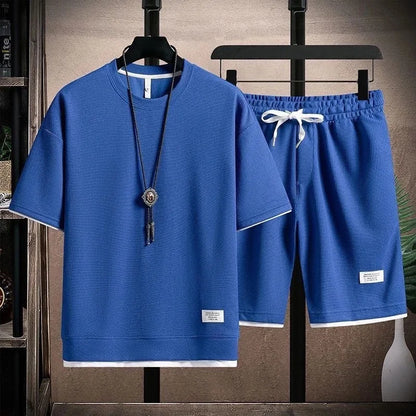 Casual Men's Sportswear Set Summer Short Sleeve Drawstring Shorts Loose Five-Quarter Pants Thin Male Outfit Two-Piece Suit - Ellianto fashion Men's