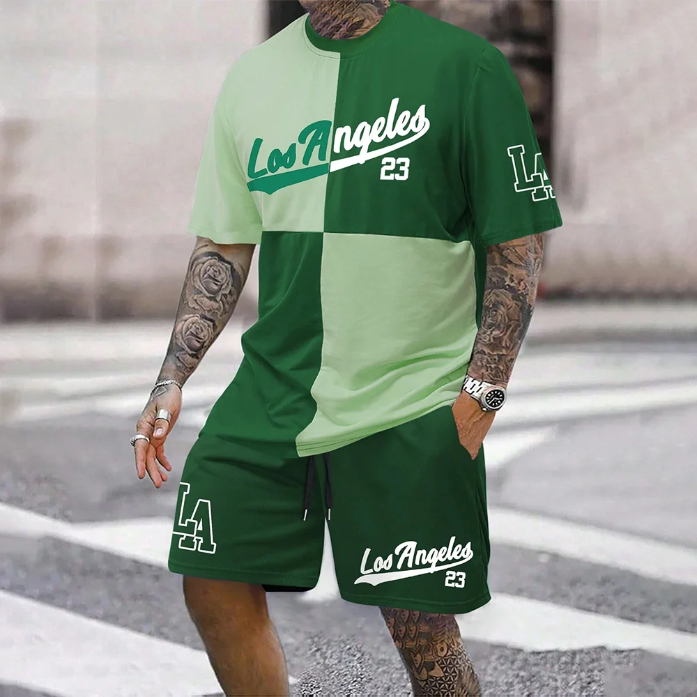 Set Men's Color-Block Los Angeles 23 Print Tracksuit LA Two Piece Outfit for Men T-shirt & Shorts Suit Street Fashion Summer Wear - Ellianto fashion Men's