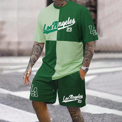 Set Men's Color-Block Los Angeles 23 Print Tracksuit LA Two Piece Outfit for Men T-shirt & Shorts Suit Street Fashion Summer Wear - Ellianto fashion Men's