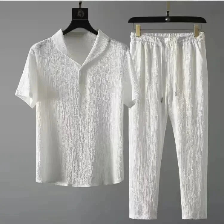 Summer Men's Casual Thin Collar Two-Piece Suit Full Set Fashionable Lightweight Breathable Comfortable Male Clothing Ensemble - Ellianto fashion Men's