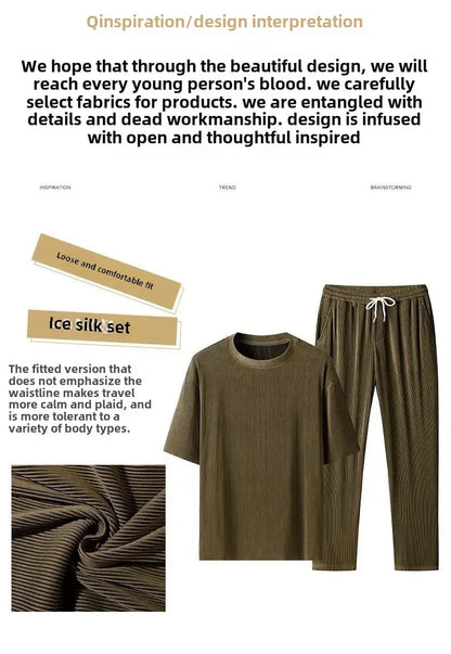 Casualsuit Ice Silk Sports Men's Summer Thin Short Sleeves T-shirt Quick Dry Long Pants Matching Half Sleeve Clothes Set - Ellianto fashion Men's