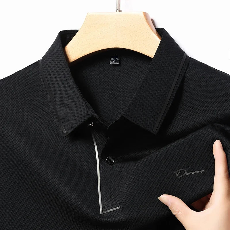 New Men's Business Casual Long Sleeved Shirt with Badge Solid Color Polo Shirt Fashionable Breathable Comfortable Versatile Top - Ellianto fashion Men's