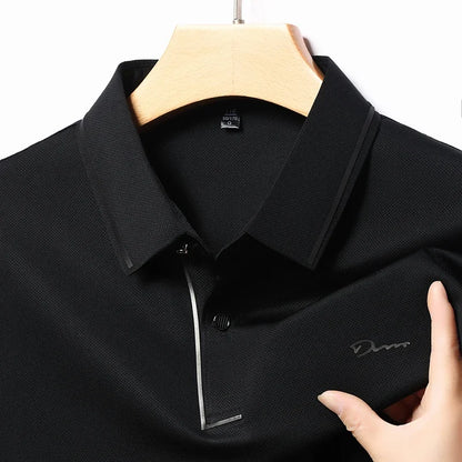 New Men's Business Casual Long Sleeved Shirt with Badge Solid Color Polo Shirt Fashionable Breathable Comfortable Versatile Top - Ellianto fashion Men's