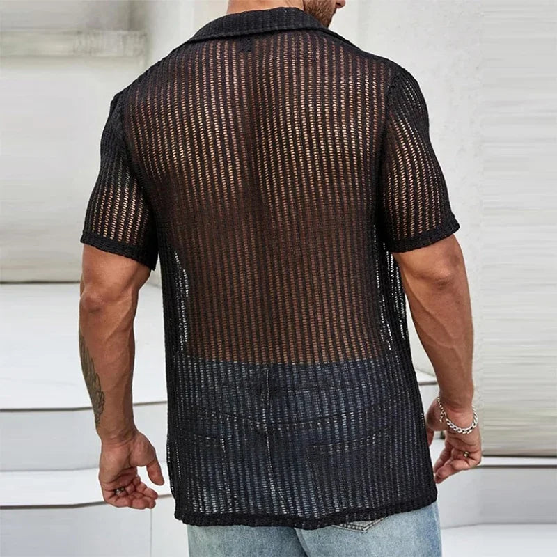 Sexy Hollow Out Breathable Knitted Shirt Men Summer Beach See Through Casual Shirts Mens Short Sleeve Button Solid Color Shirts - Ellianto fashion Men's