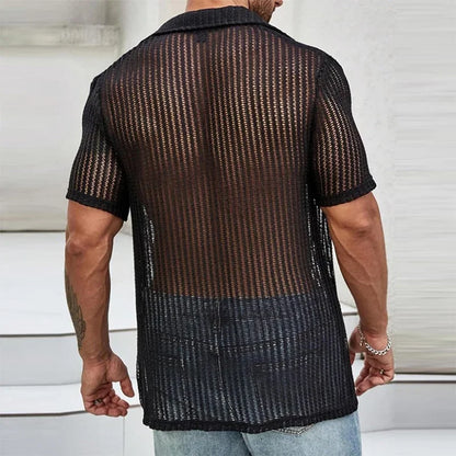 Sexy Hollow Out Breathable Knitted Shirt Men Summer Beach See Through Casual Shirts Mens Short Sleeve Button Solid Color Shirts - Ellianto fashion Men's
