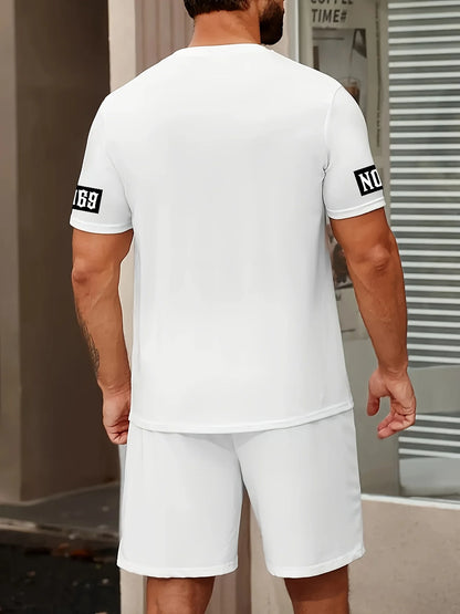 2025 Summer new men's set letter print casual fashion T-shirt Short sleeve shorts Sportswear casual everyday wear for both men a - Ellianto fashion Men's