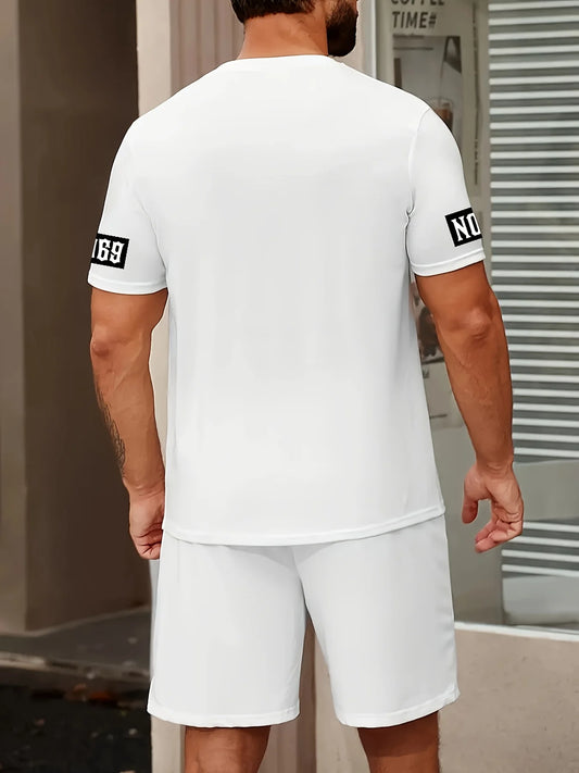 2025 Summer new men's set letter print casual fashion T-shirt Short sleeve shorts Sportswear casual everyday wear for both men a - Ellianto fashion Men's